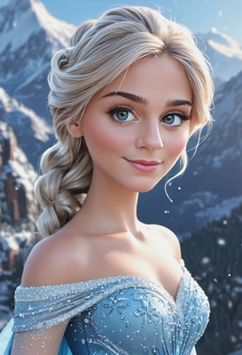 3D cartoon Disney style, Elsa from Frozen, oversized cartoon big sparkling eyes, waist-up portrait, wearing an icy-blue gown, serene pose, snowy mountain background with soft glowing light