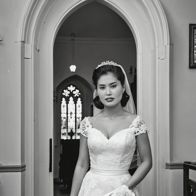 wearing a 1950s wedding dress, standing in a chapel doorway, black and white photo