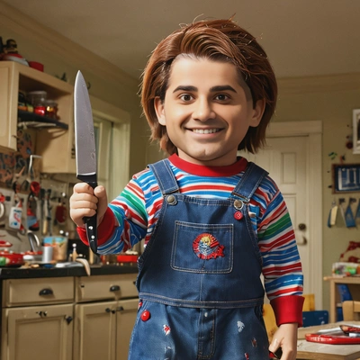 as Chucky, the doll, brandishing a kitchen knife, against the backdrop of a dimly lit, chaotic children's room