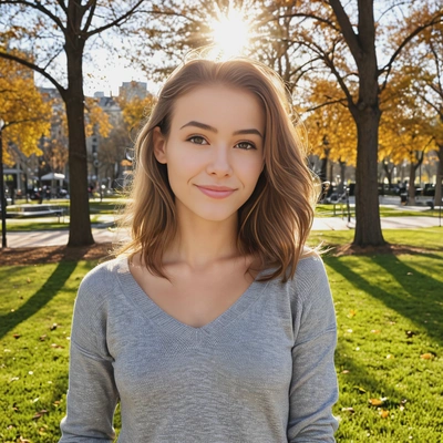 with shoulder-length wavy silky brown hair, looking at camera, wearing a soft gray v-neck sweater, in a city park, soft smile, with the sun behind her, creating a soft sunflare around her,  sharp skin texture