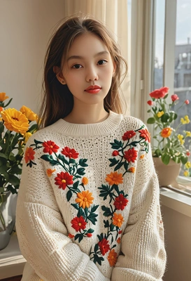 iPhone camera quality, sharp skin texture details, realistic textured face skin, wearing oversized sweater with chunky flowers embroidery, romantic pose, blurry contemporary living room interior background, morning sun rays from the window