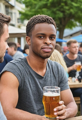 drinking beer outdoors, hanging out with friends, blurred background