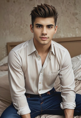 Harper’s Bazaar–style editorial, intimate luxury, androgynous model riclined on rumpled bed linens, relaxed pose, dramatic low light, moody shadows, subtle window or lamp highlights, muted warm tones, messy hair, loose silk shirt, relaxed jeans, shallow depth of field, film grain, cinematic nighttime atmosphere