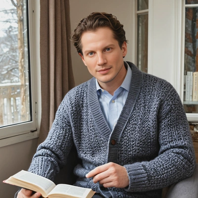 sitting in a wool cardigan, sitting with a book by a window, winter outside 