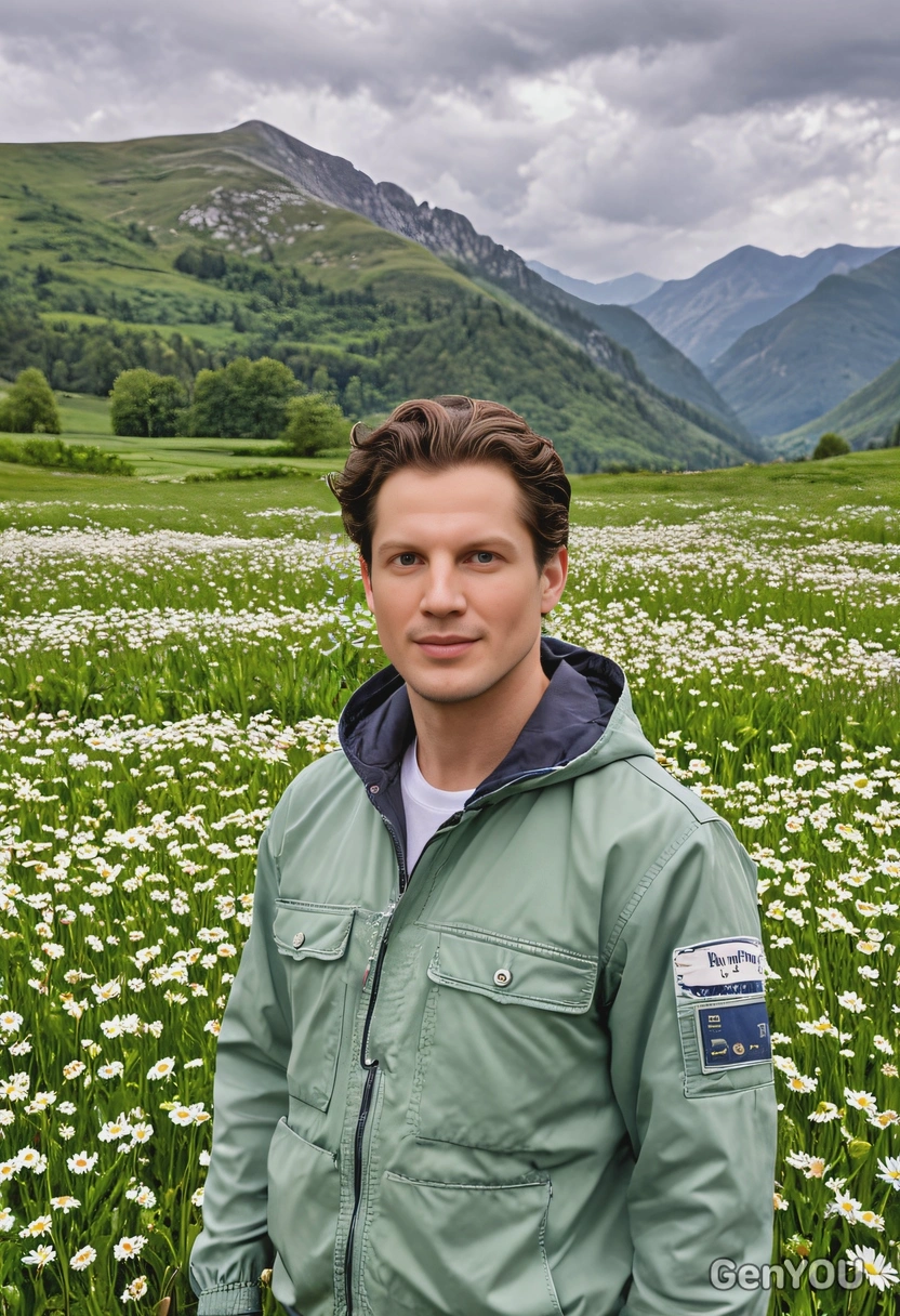 in a casual spring jacket, standing in a field of daisies, with mountains and green hills stretching out into the horizon