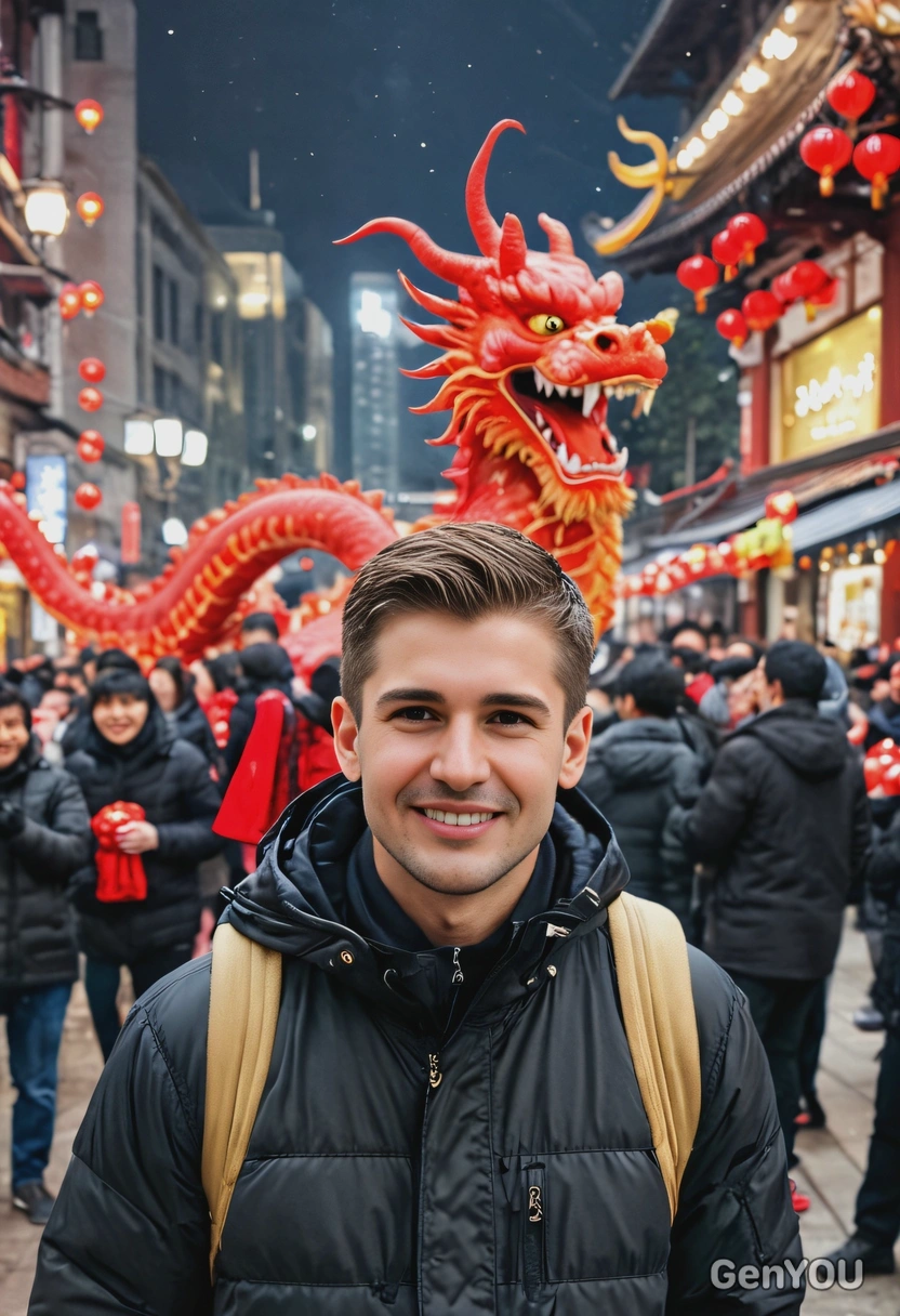 tourist on the street, in black parka, celebrating Chinese Lunar new year, red dragon, happy people around, big crowd, blurred background