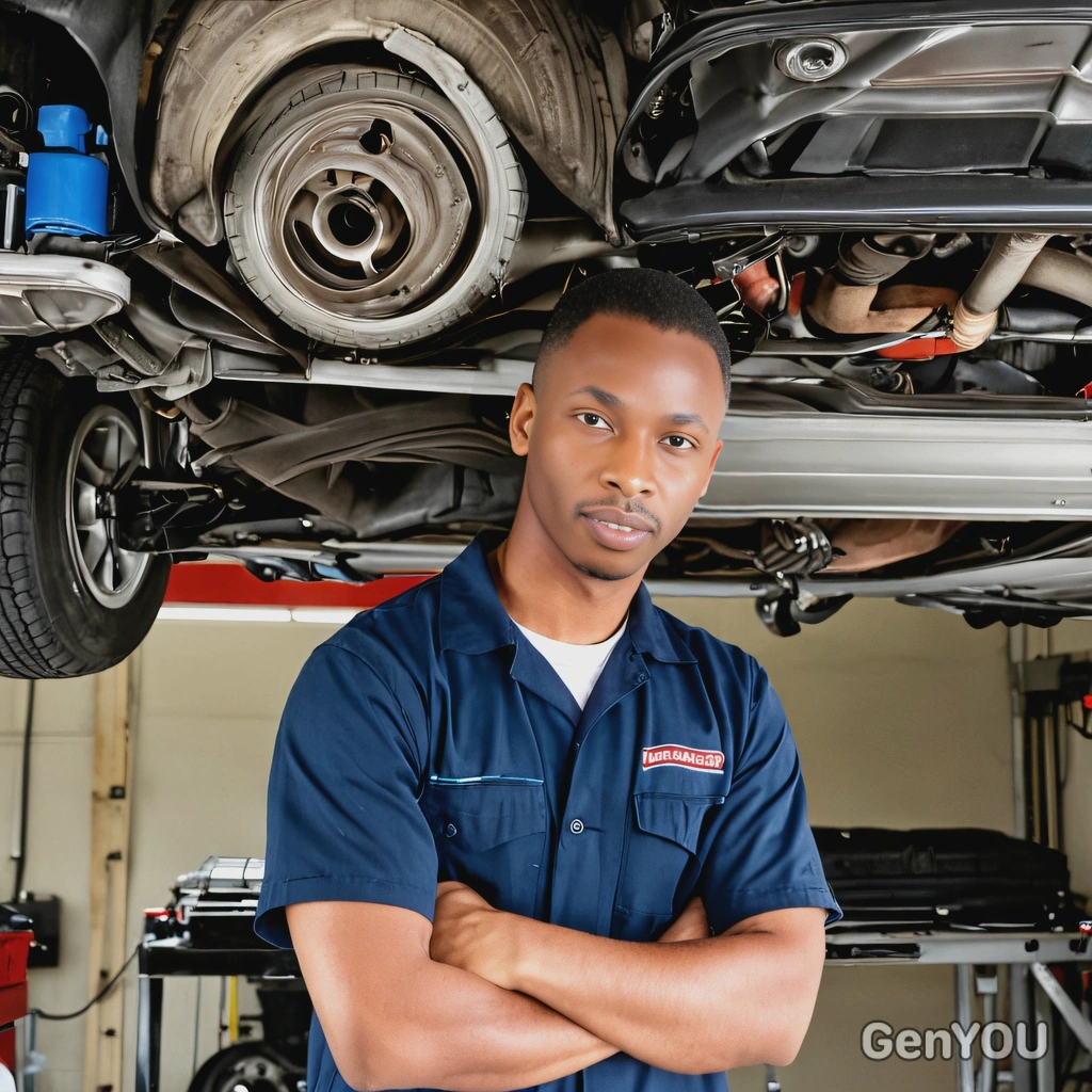 as a mechanic, standing under the hood of a car in a garage, half body view 