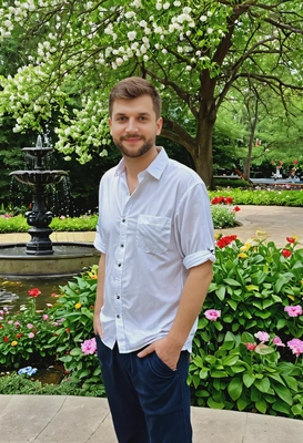 wearing a casual outfit, standing by a fountain in the middle of a park, surrounded by trees with fresh green leaves and flowers in full bloom