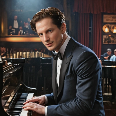as Sebastian from La La Land, in a classic musician's suit, at the piano in a dimly lit jazz club 