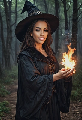 @me dressed as a witch with bushy brown hair, dark night, forest, fog, blurred background, symmetrical clothing details, casting a fire from her hand, looking focused, close-up, high-quality stylized art
