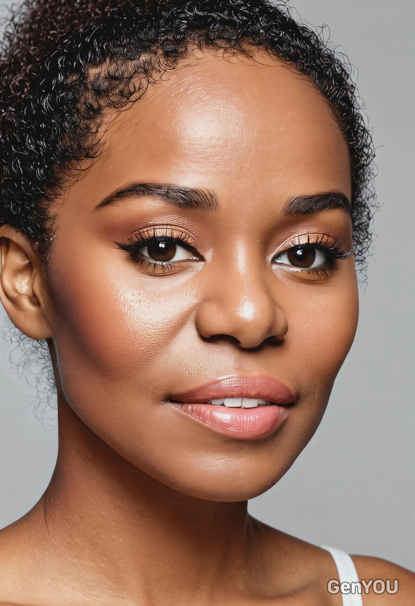 professional makeup, glossy eyelids that give a fresh and dewy finish, head and shoulders photos, afro hair