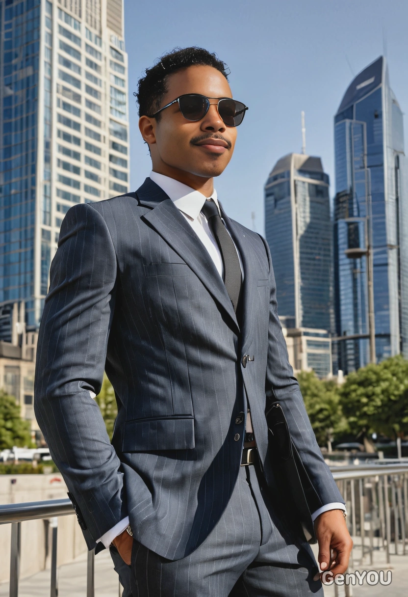 in a stylish suit and sunglasses, towering skyscrapers in the background, sharp high-quality image, midday outdoor lighting, sun glare, soft shadows, luxury style