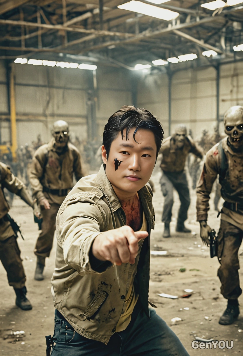 fighting surrounded by zombies, abandoned factory, yellowish colors, high-quality cinematographic style, blurred background