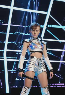 as a K-pop idol, wearing a bold and futuristic outfit with holographic details, performing on a stage filled with high-tech LED screens and special effects, mid shot photo