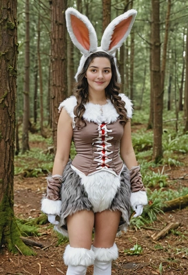 "hare costume real fur whimsical clothes forest background"
