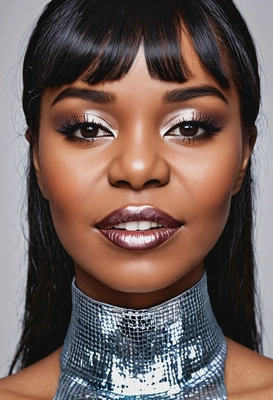 shimmering, metallic lips in vivid shades, professional makeup, bangs, symmetrical details, professional photoshoot, black skin