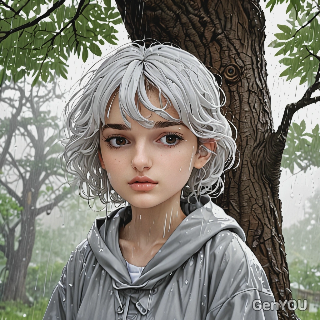under a large tree in the rain, anime style, big eyes, manga drawing