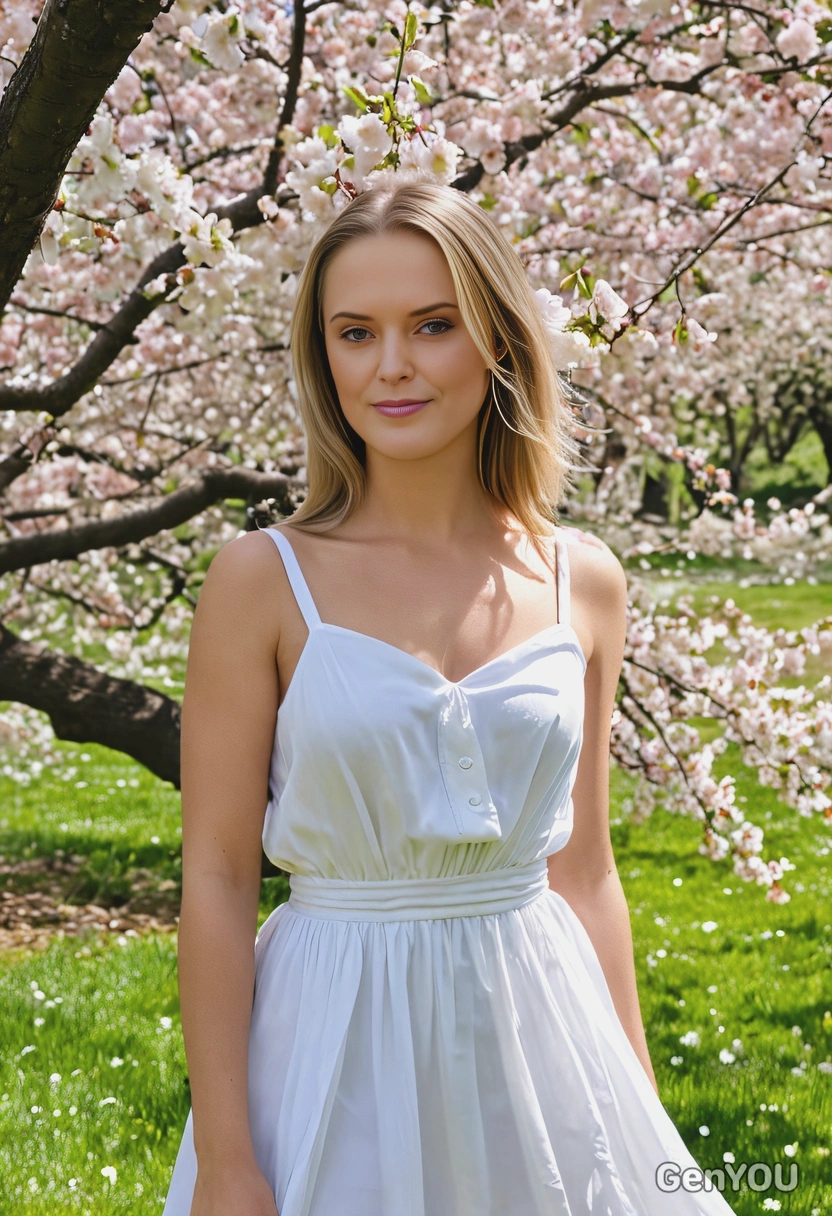 wearing a flowing white sundress, standing under a blooming cherry blossom tree, with petals gently falling in the soft spring breeze