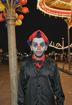 wearing a spooky clown costume, standing under a streetlamp in an empty carnival at night