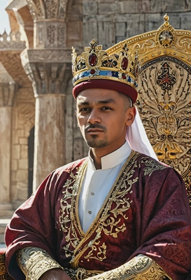 sharp quality, Ottoman Empire sultan, wearing royal clothing, massive crown, sitting on the throne, powerful look, blurry Citadel in the background, sun rays