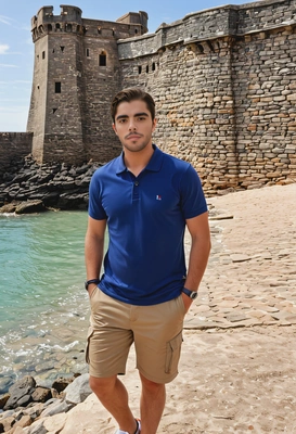 in a polo shirt and Bermuda shorts touring a historic seaside fort, hands in pockets, mid-shot 