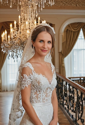 as the bride in an enchanting gown with intricate lace details, posing in front of a luxurious chandelier
