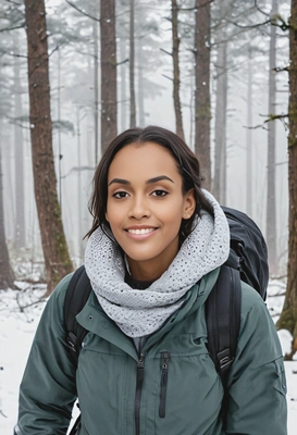 mid-shot, smiling, hiking in a misty, snow-covered forest 