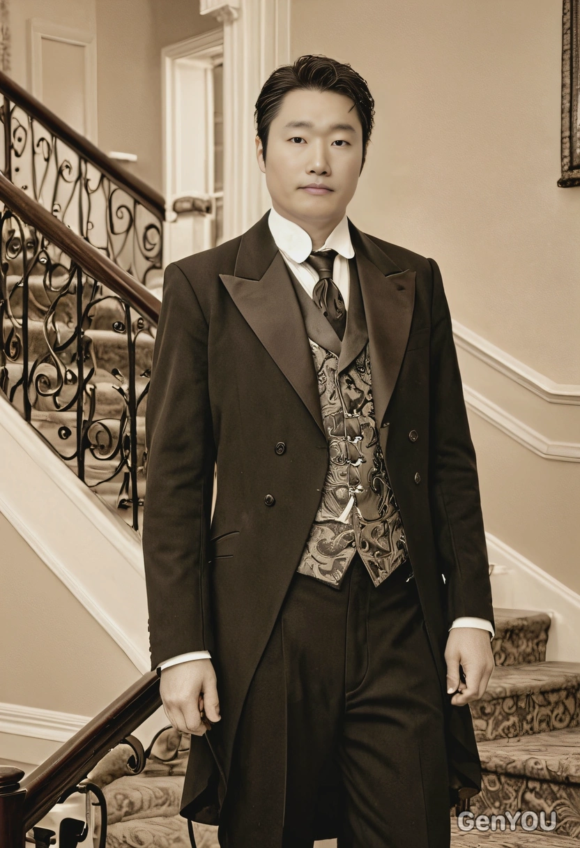 in 1920s tailcoat, standing by a grand staircase, with a soft sepia filter, blurred background
