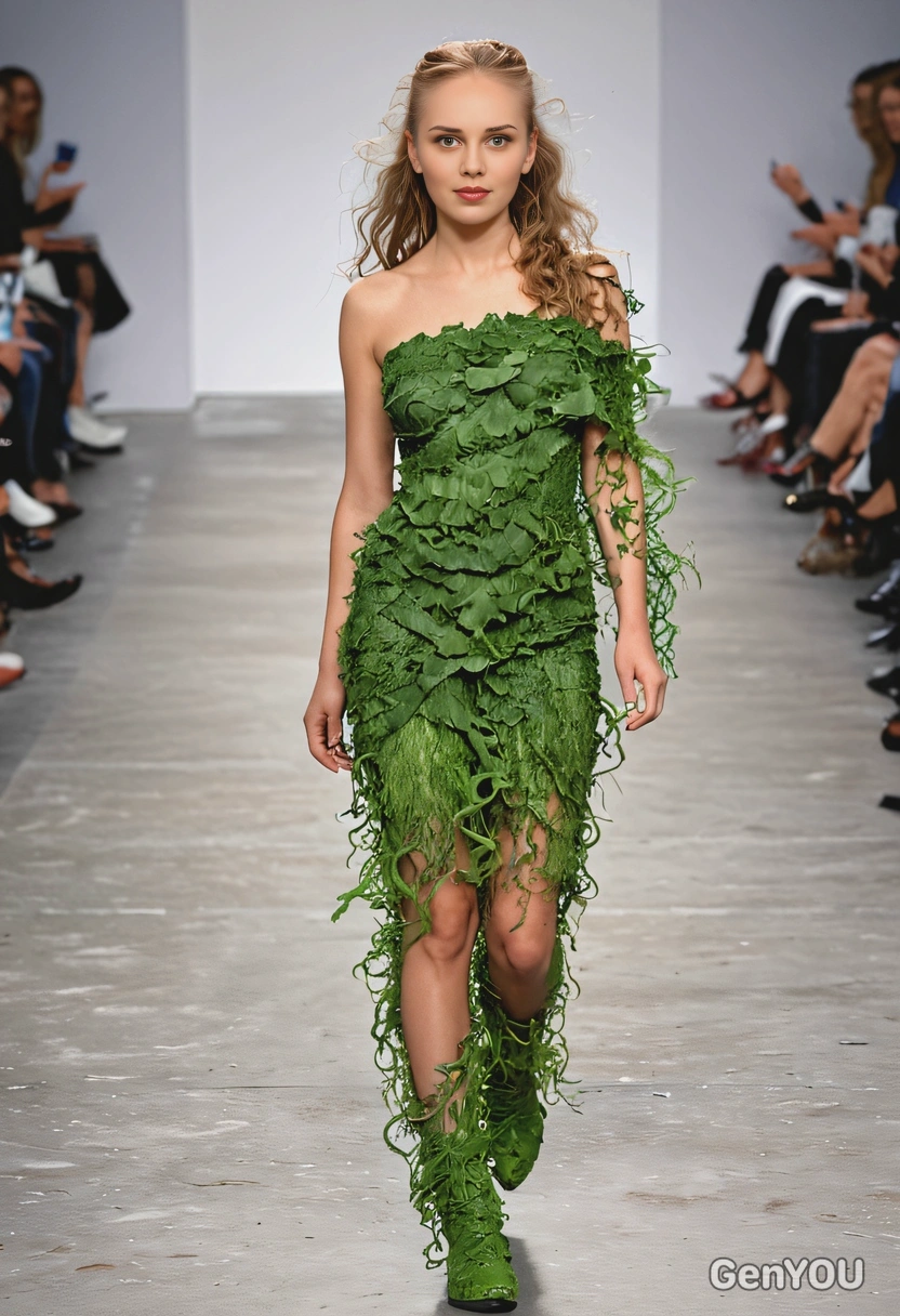 as a fashion model doing a catwalk on a runway, wearing clothing created from living organisms or biological materials such as fungi or algae, natural wavy hair, relaxed dynamic pose