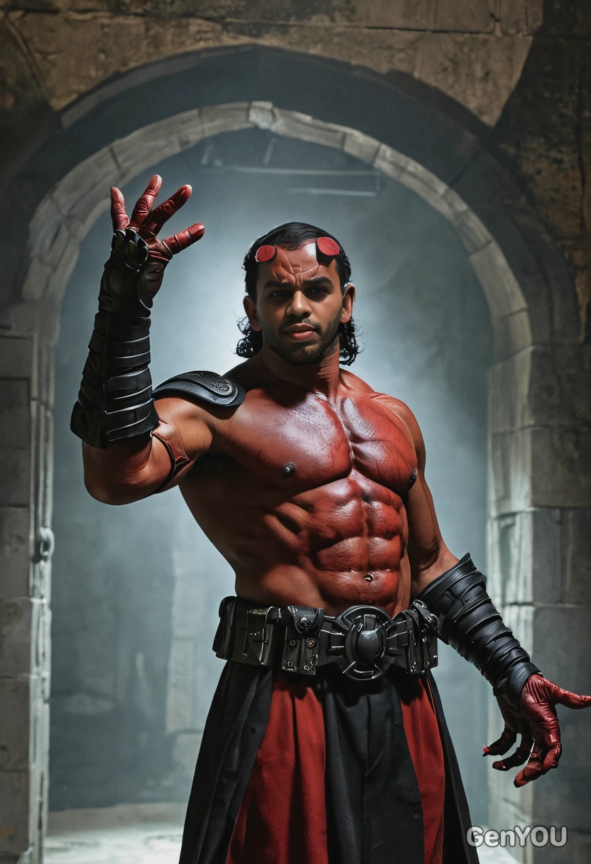 Hellboy with his massive Right Hand of Doom, standing in a dimly lit chamber