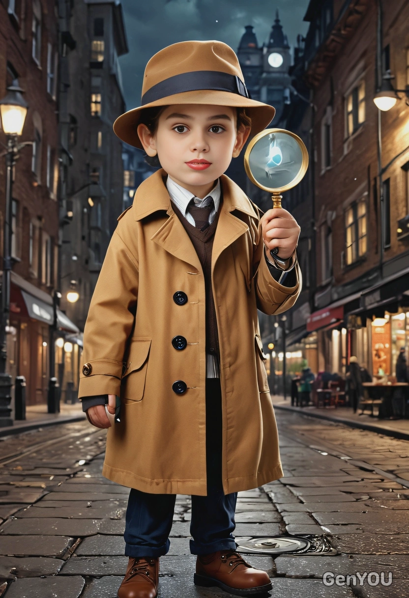 as a child inspector in brown trench coat and hat, with magnifying glass in hand, night city street behind, looking at you, smiling, symmetrical clothing details, high-quality stylized art, big round eyes, cartoonish style, visible brushstrokes