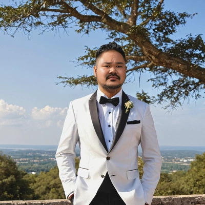 As the groom, in a stylish blazer and dress shirt, stands around a picturesque backdrop