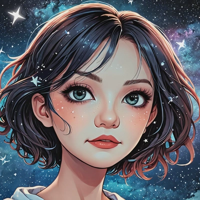 floating through a celestial dreamscape with stars, anime style, big eyes, manga drawing