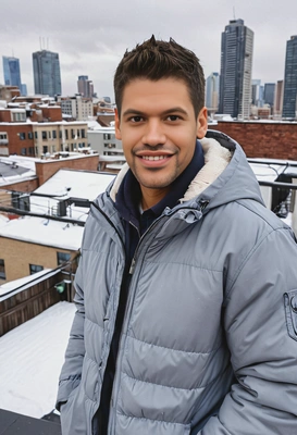 smiling, in a cozy jacket, standing on a rooftop with a snowy city view 