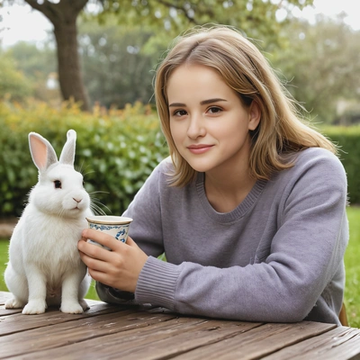having tea outside with her pet rabbit, soft focus, blurred background 