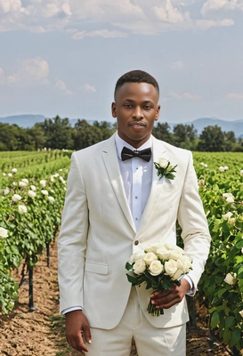 as a groom, standing in a vineyard, wearing a light-colored suit and holding a bouquet of white roses