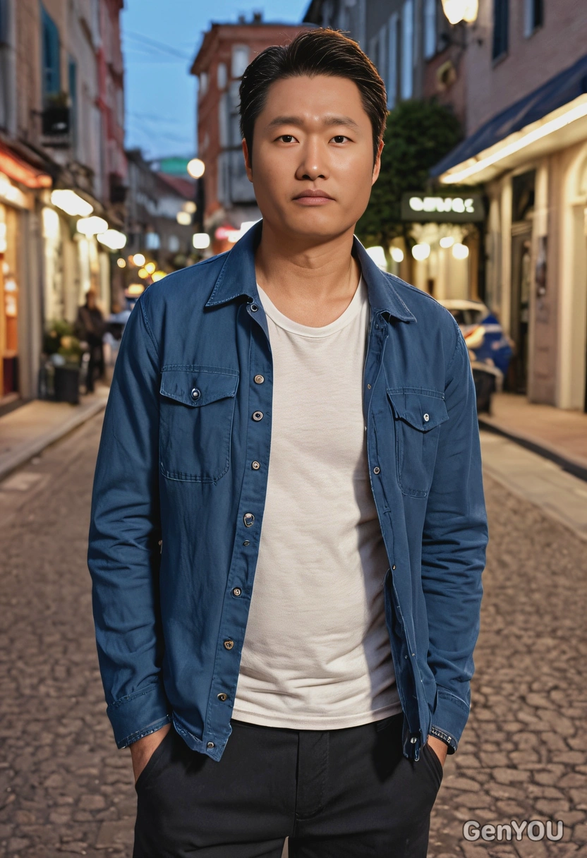 as a man in a casual outfit, standing in the street, evening lighting, cinematic quality, hands in the pockets