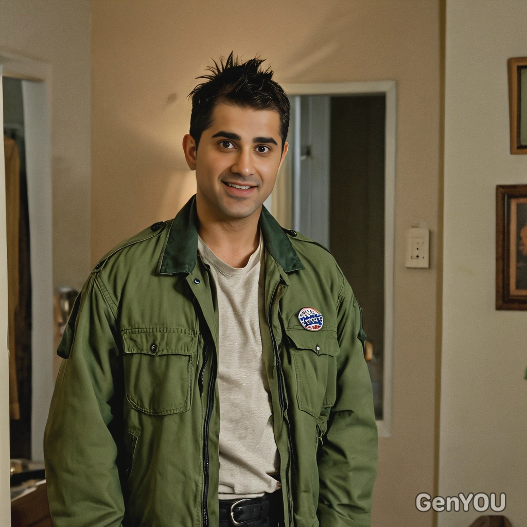 as Travis Bickle standing in front of a mirror, mohawk styled, green army jacket on, in his dimly lit, rundown apartment 