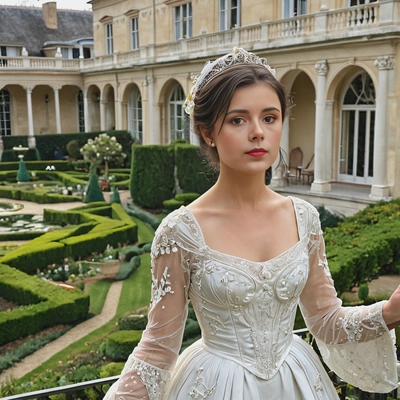 wearing a Regency-era ball gown with delicate embroidery, standing on a grand terrace with manicured gardens 