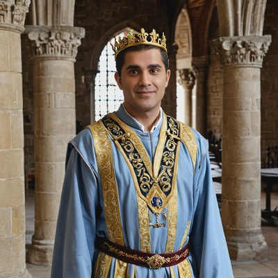 as a king in royal robes, standin in the great hall of a medieval castle, half body portrait 
