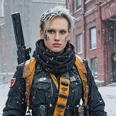 as a cyberpunk rebel leader, bandolier of ammunition, scar on face, worn clothes, holding a shotgun, standing in front of a ruined government building, everything covered in snow, snowstorm, close-up photo, looking directly at camera, vivid colors, high-quality cinematographic style