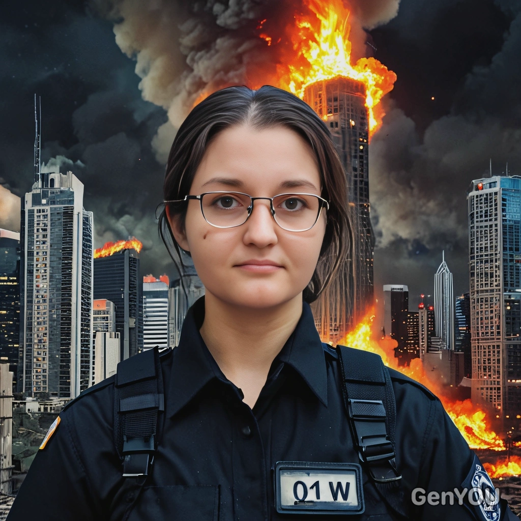 as a survivor of apocalypse,  tattered black security uniform, high above the city, scared expression on face, blurry ruins of skyscrapers on fire behind, dark night, showing OK gesture, selfie, looking directly at camera, vivid colors, high-quality cinematographic style
