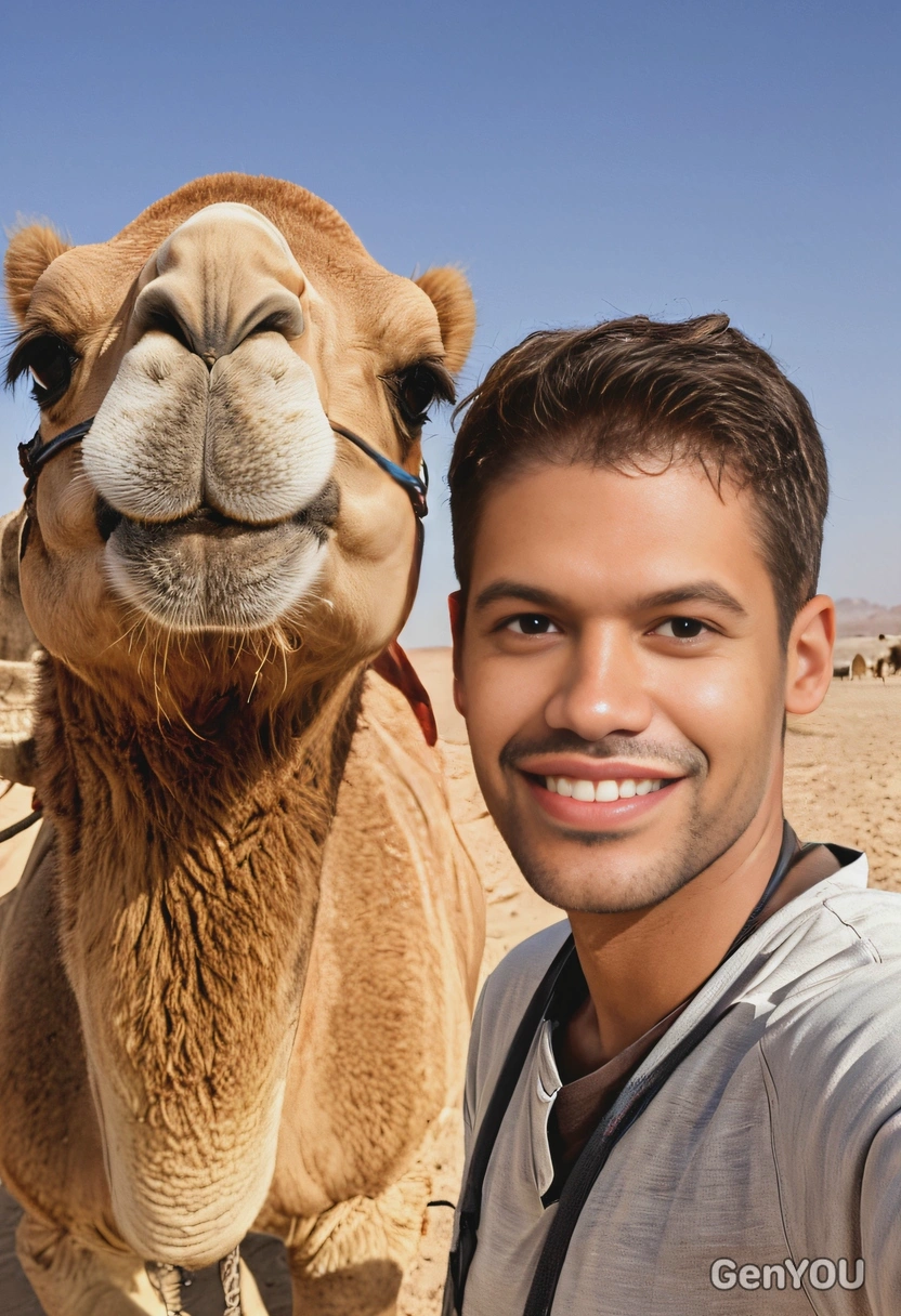 smiling, selfie with a camel in the desert