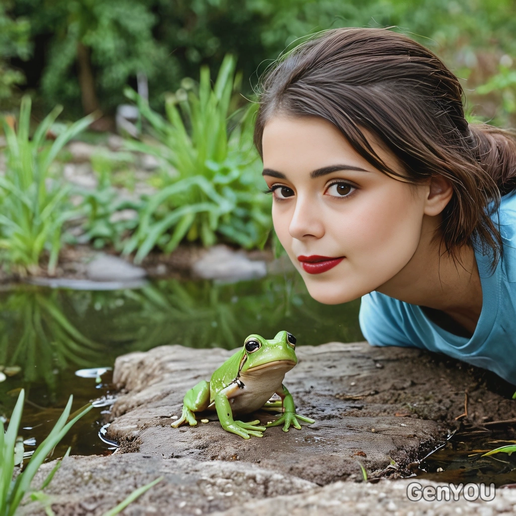 with a frog by a pond, soft focus, blurred background 