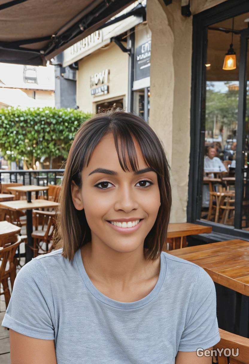 headshot, smiling, with a soft fringe, wearing a plain wash tee, against a backdrop of a bustling café patio