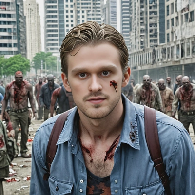 as a victim of zombies, zombie apocalypse, surrounded by zombies, blurred abandoned skyscrapers, high-quality cinematographic style