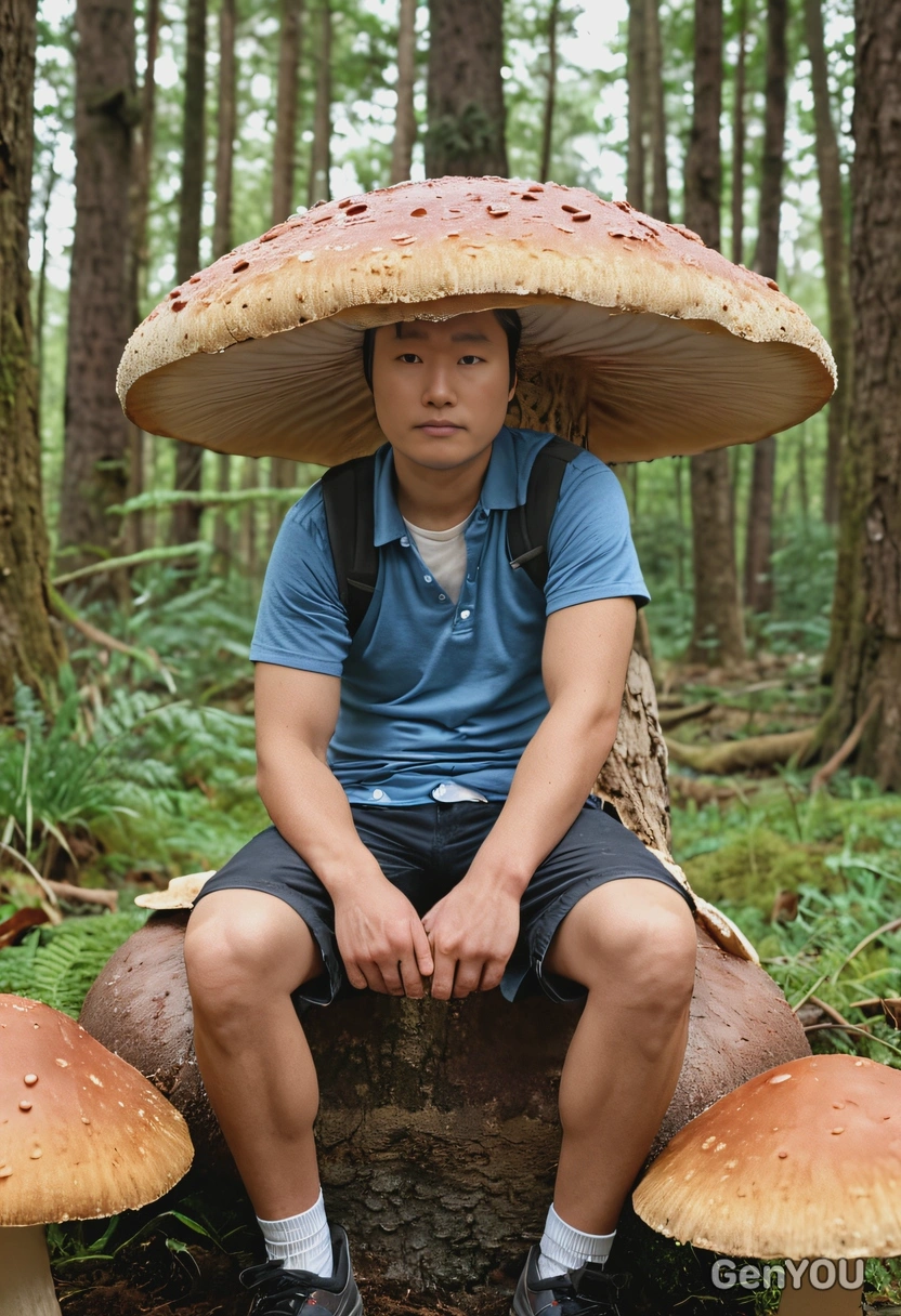 sitting on a giant mushroom, arms resting on my knees blurred background, cinematographic style