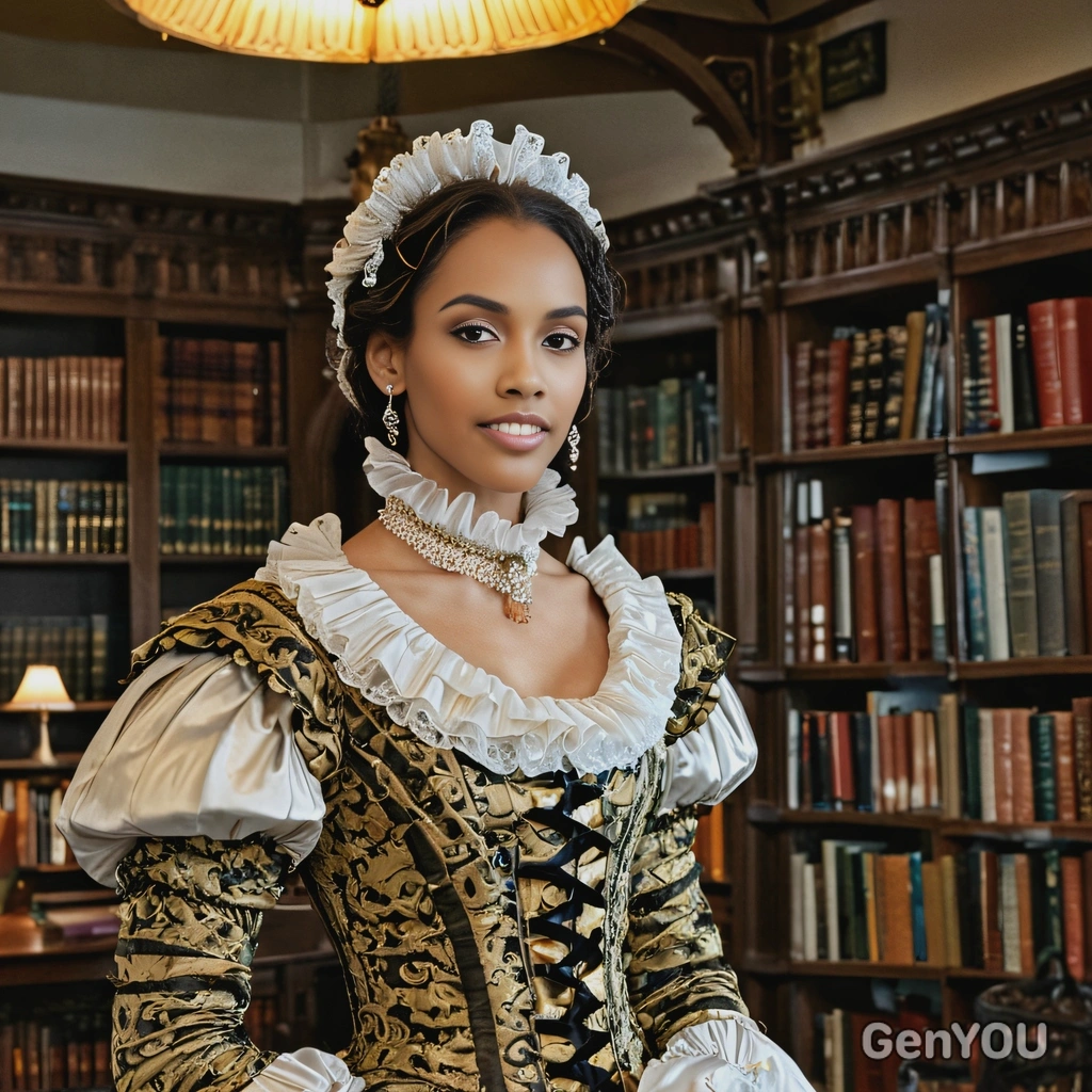 dressed in an elaborate Elizabethan gown with a ruffled collar, standing in a dimly lit library filled 