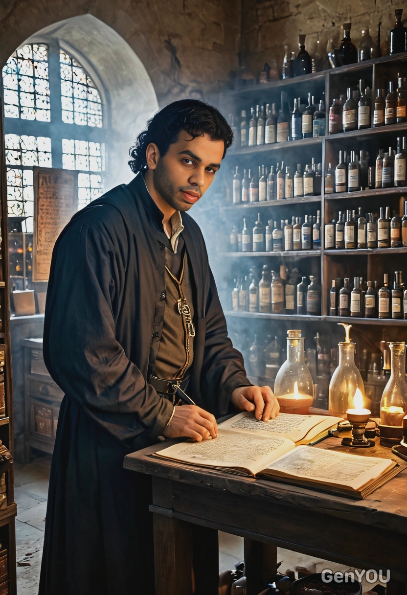 A medieval alchemist, surrounded by bubbling potions and ancient manuscripts in a dimly lit laboratory