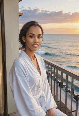 as a woman in a soft robe, sitting on the balcony of a luxury hotel room, watching the sunrise over the ocean, look at the camera, half body portrait 